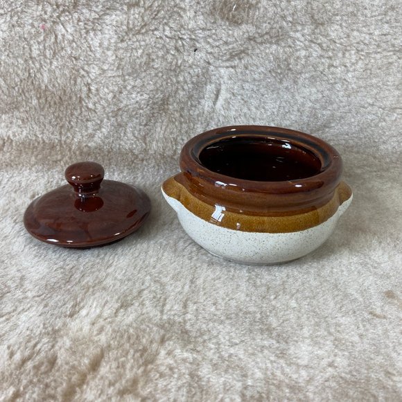 Vintage Stoneware Small Bean Pot in Tan and Brown Glaze - Picture 6 of 11